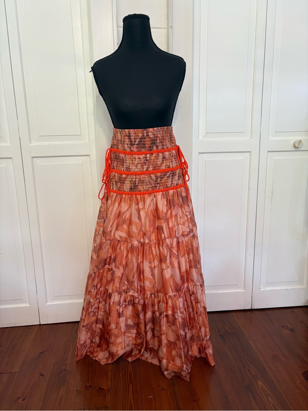 Anthropologie Coral-Print Tiered Maxi Skirt with Smocked Waist